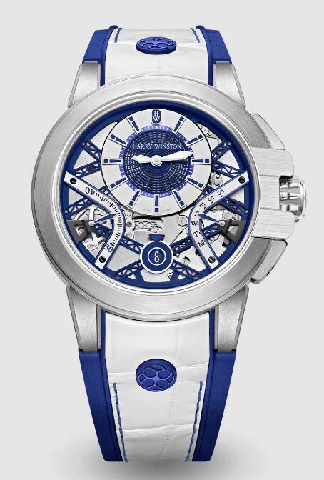 Review Harry Winston Ocean Zalium Variation White/Navy Blue OCEABI42ZZ006 watch Replica - Click Image to Close